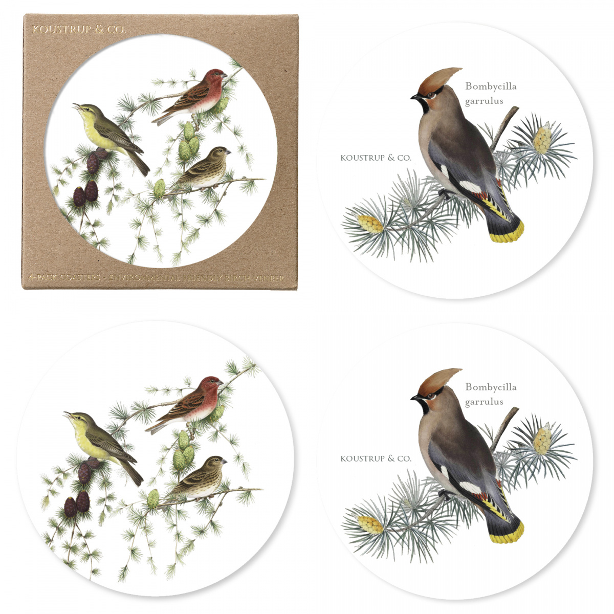 Koustrup & Co. Glasuntersetzer - Vögel im Nadelbaum