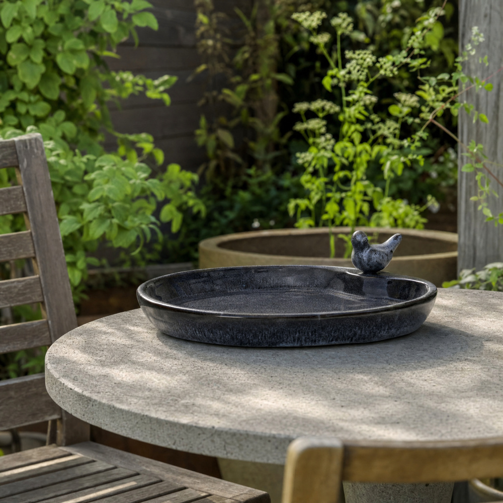 Lauvring vogelbad van keramiek - Zwart, rond - Afbeelding 2