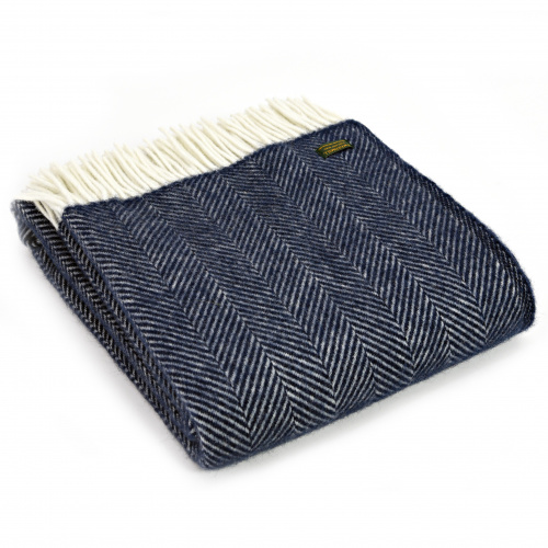 Tweedmill wollen plaid - visgraat marineblauw