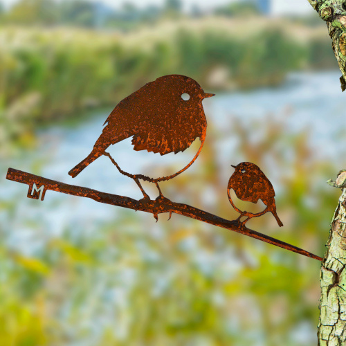 Metalbird vogel van cortenstaal - roodborstje met jong